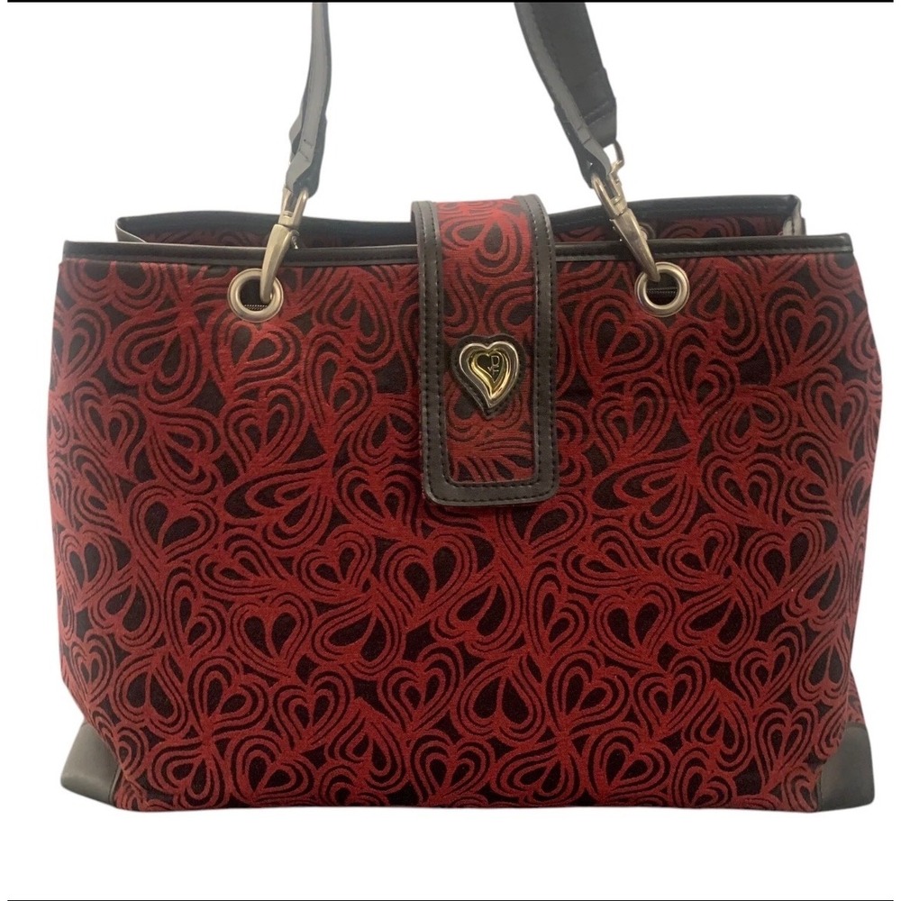 Diane von Furstenberg DVF Red Black Heart Pattern Satchel Shoulder Weekender Bag